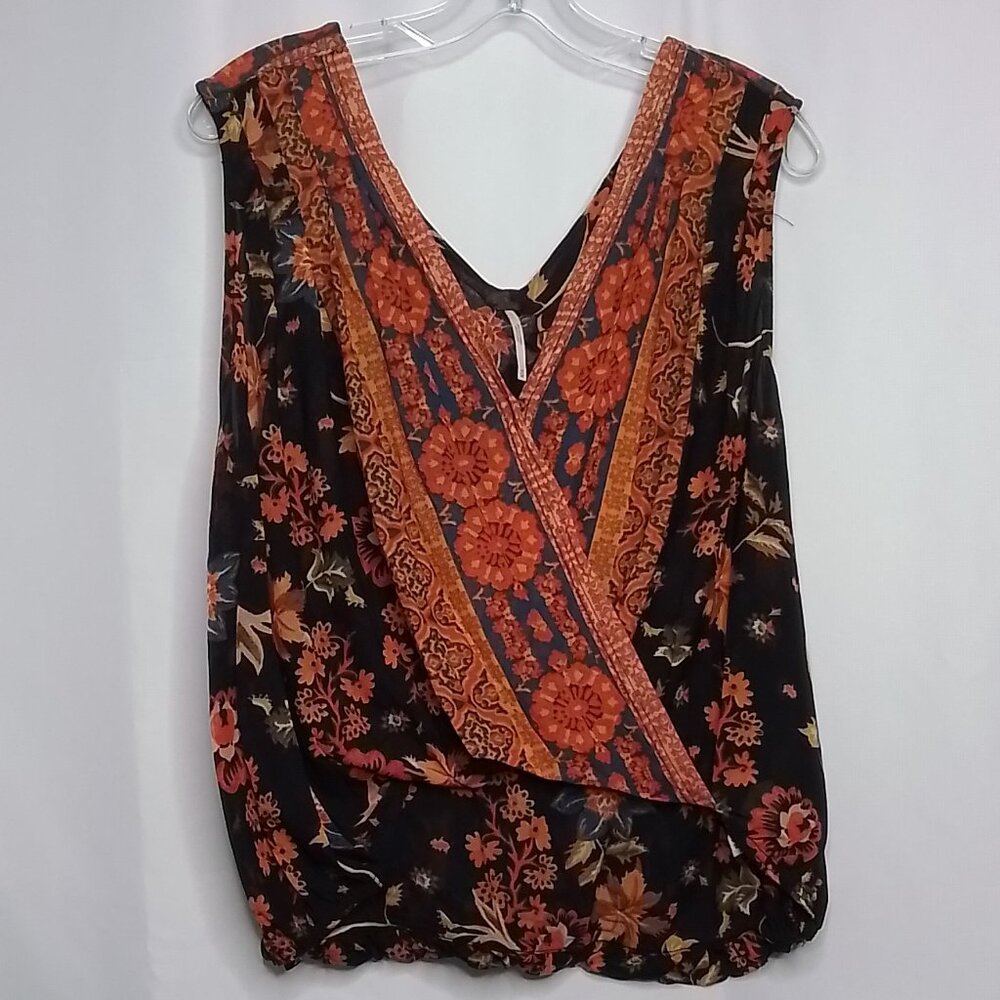 FREE PEOPLE HAVANA BLACK FLORAL PRINT SLEEVELESS SURPLICE TOP SIZE M
